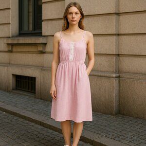 Vintage 90s Junior Wiz Pink & White Seersucker Sundress with Eyelet Trim Size 5